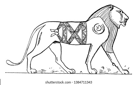 Egyptian Lion is a relief with sunken outlines, vintage line drawing or engraving illustration.