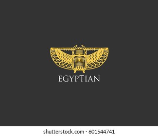 Egyptian logo with Scarab beetle symbol of ancient civilization vintage, engraved hand drawn in sketch or wood cut style, old looking retro insect