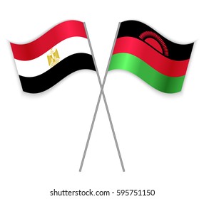 Egyptian and Malawian crossed flags. Egypt combined with Malawi isolated on white. Language learning, international business or travel concept.