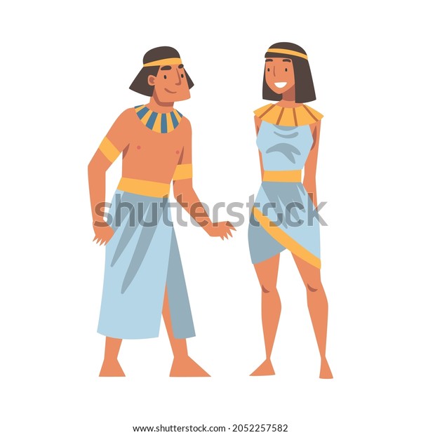Egyptian Man and Woman Character\
Wearing Authentic Garment and Necklace Vector\
Illustration