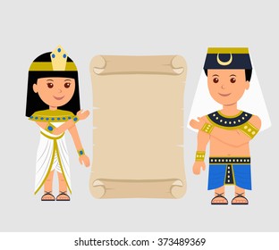 Egyptian man and a woman holding a papyrus. Isolated Egyptian papyrus and characters on a light background