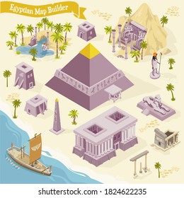 Egyptian map builder isometric set with ancient architecture and culture elements