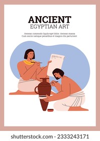 Egyptian men in national white dresses writing letter and painting an earthen jar. Cartoon egyptian people ancient culture and traditions, education and art vector poster in frame