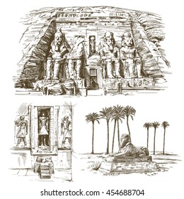 Egyptian monuments. Abu Simbel Temple of Rameses II. Hand drawn set.