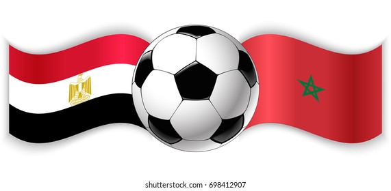Egyptian and Moroccan wavy flags with football ball. Egypt combined with Morocco isolated on white. Football match or international sport competition concept.