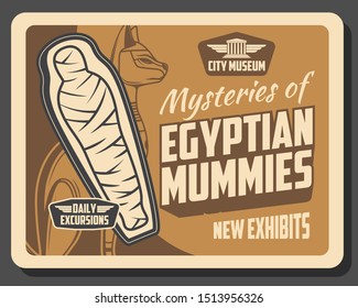 Egyptian mummies exhibition in museum, ancient Egypt history. Vector cat deity and exhibits of deceased human, mysteries of prehistoric times. City museum, religion, mythology and archeology