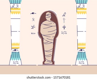 Egyptian mummy flat vector illustration. Ancient sarcophagus, hieroglyphs, columns. Tomb of pharaoh. Museum exposition with artifacts of ancient Egypt. Archaeological find cartoon backdrop