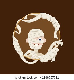 Egyptian mummy for Halloween with ribbon on round banner, illustration.