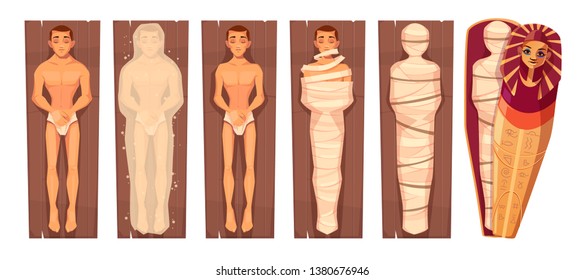 Egyptian mummy mummification process in stages cartoon vector concept with man corps on wooden plate, keeping dead body in chemicals, wrapping in bandages, putting in pharaoh sarcophagus illustration