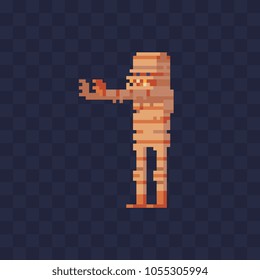 Egyptian mummy pixel art character horror movie and Halloween costume isolated vector illustration. Design for sticker, mobile app and logo. Game assets 8-bit sprite.