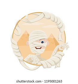 Egyptian mummy with pyramid and ribbon in round banner for Halloween, illustration.