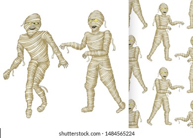 Egyptian mummy and seamless pattern Boy in Halloween mummy costume laughing scarring.