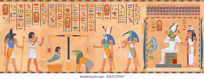 Egyptian mural. Egypt temple religious fresco, ethnic ancient murals antiquity art wall antique mythology hieroglyph ornament death borderwall ingenious vector illustration of egyptology civilization