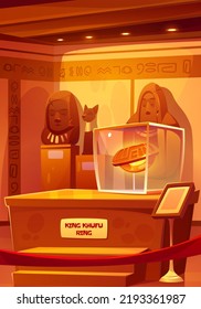 Egyptian museum with King Khufu ring in showcase, pharaoh and god statues. Vector cartoon illustration of museum interior with ancient historical exhibits of Egypt culture
