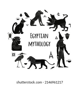 Egyptian mythological animals. Ancient gods and creatures. Lion, Cerberus, Egyptian writing and symbols. A set of flat elements. svg