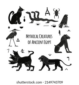 Egyptian mythological animals. Ancient gods and creatures. Lion, Cerberus, Egyptian writing and symbols. A set of flat elements.