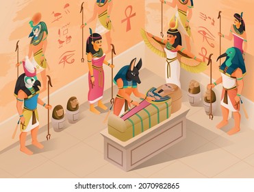 Egyptian mythology isometric background with ancient gods and people presenting at mummification ceremony of pharaoh sarcophagus vector illustration