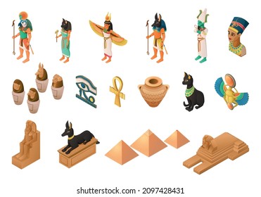 Egyptian mythology isometric set of gods nefertiti eye of horus anubis dog tomb ankh coptic cross isolated vector illustration