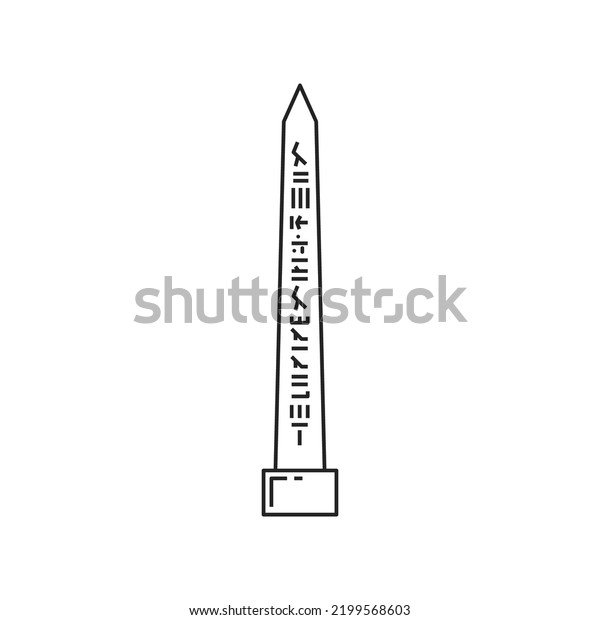 Egyptian obelisk with Ancient Egypt\
hieroglyphs or inscriptions, vector line icon. Ancient Egypt and\
pharaoh obelisk monument, Egyptian culture and history\
symbol