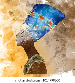 Egyptian old fresco icon. Queen Nefertiti. Vector portrait Profile, mural painting style