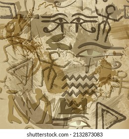 Egyptian old style dirty seamless pattern. African ethnic rough background with doodle painted peoples, scraped grunge symbols, signs. Worked women, men. Egyptian eyes, hieroglyphs, silhouettes.