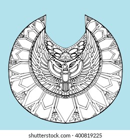 Egyptian ornament. Decoration Pharaoh. Geometric ornament. Abstract Neck decoration. Line art. Black and white drawing by hand. Print. Tattoo.