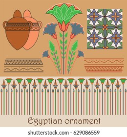 Egyptian ornament with plants and Egyptian symbols on sand background