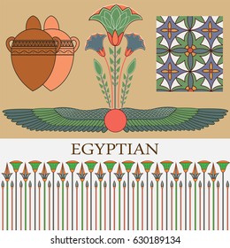 Egyptian ornament with plants and Egyptian symbols on a sand background