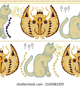 Egyptian ornament with a scarab and cat. Antique seamless pattern.