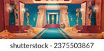 Egyptian palace interior with sarcophagus and piles of gold on floor. Vector cartoon illustration of antique pharaoh tomb, cat statues, treasure chests full of money and gemstones, ancient temple