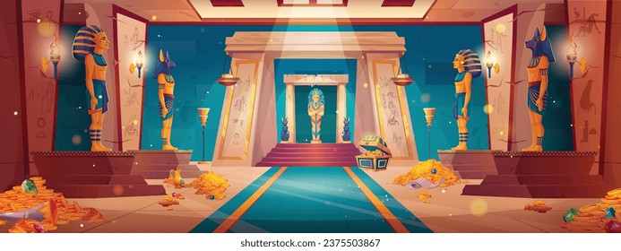 Egyptian palace interior with sarcophagus and piles of gold on floor. Vector cartoon illustration of antique pharaoh tomb, cat statues, treasure chests full of money and gemstones, ancient temple