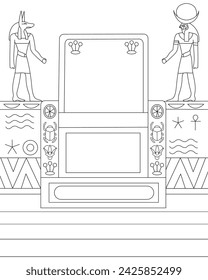 Egyptian palace with the pharaoh's throne. Egyptian background. Coloring page, icon, black and white vector illustration.