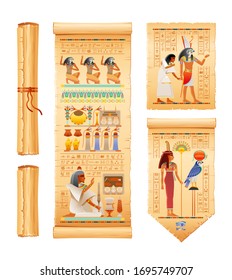 Egyptian papyrus with afterlife ritual in Duat, Osiris judgment set. Goddess Maat, god Ra, Anubis, dead man soul. 3d Vector illustration of ancient Egypt papyrus with hieroglyphic text & art element