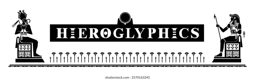 Egyptian papyrus background with kings on the left and right. Egyptian Culture Ancient Egyptian gods and goddesses in historic hieroglyphic paper art