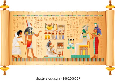 Egyptian Papyrus From Book Of Dead With Afterlife Ritual In Duat. Osiris Judgment Illustration. God Horus, Isis, Osiris & Human Soul With Food, Drink. Vector Ancient Egypt Papyrus With Hieroglyph Text