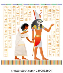 Egyptian papyrus from Book of Dead with afterlife ritual in Duat. Osiris judgment illustration. God Horus with falcon head holding human soul. Vector ancient Egypt papyrus, hieroglyph text background