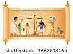 Egyptian papyrus from Book of Dead with Weighing of Heart, afterlife ritual in Duat. Osiris judgment illustration. God Anubis, Thoth with scales pair. Vector ancient Egypt papyrus with hieroglyph text