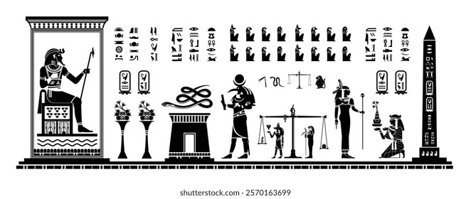 Egyptian Papyrus cultural background. pharaoh with gods and goddesses offering sacrifice. Ancient Egyptian gods and goddesses in historical hieroglyphic paper art.