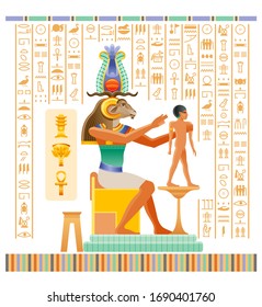 Egyptian papyrus with god Khnum with ram head creating human man at potter wheel from clay. Ancient Egyptian deities in old historical paper art. Vector illustration isolated. Ancient Egypt hieroglyph