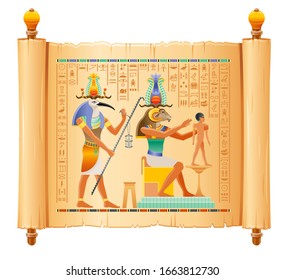 Egyptian papyrus with god Khnum, Thoth creating human man at potter wheel from clay. Ancient Egyptian deities in old historical paper art. Vector illustration isolated. Ancient Egypt hieroglyphs