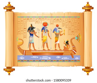 Egyptian papyrus with gods in boat. Anubis, Ra, Thoth, ancient Egyptian deities in old historical paper art. Vector illustration isolated on white. Ancient Egypt papyrus with hieroglyph script set.