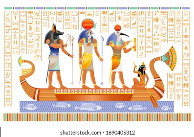 Egyptian papyrus with gods in boat. Anubis, Ra, Thoth, ancient Egyptian deities in old historical paper art. Vector illustration isolated on white. Ancient Egypt papyrus with hieroglyph script set.