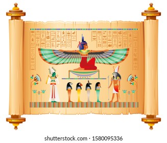 Egyptian papyrus with gods and goddess. Isis with wings, Horus, Osiris, ancient Egyptian deitiy in old historical paper art. Vector illustration isolated on white. Ancient Egypt papyrus hieroglyph set