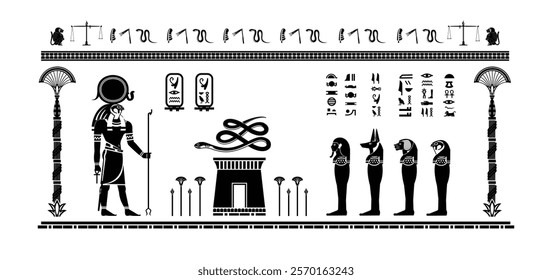 Egyptian papyrus with gods and goddesses offering sacrifices to ra in silhouette. Ancient Egyptian gods and goddesses in historical hieroglyphic paper art.