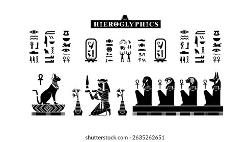 Egyptian papyrus with gods and goddesses offering sacrifices to cats in silhouette.