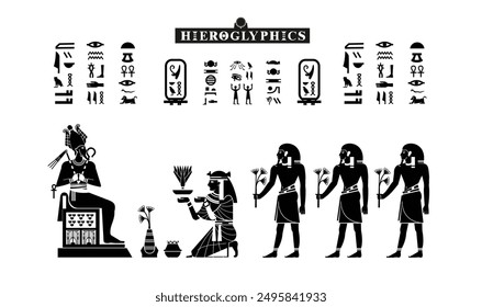 Egyptian papyrus with gods and goddesses offerings to osiris in silhouette. Ancient Egyptian gods and goddesses in historical hieroglyphic paper art. Vector illustration isolated on white.