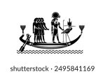 Egyptian papyrus with gods and people in boats in silhouette. Ancient Egyptian gods and goddesses in historical hieroglyphic paper art. Vector illustration isolated on white. Ancient Egypt