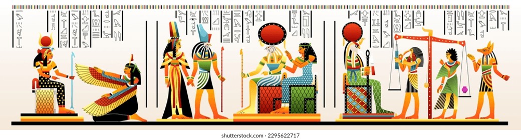 Egyptian papyrus with hieroglyphs. Ancient african gods, culture and traditions. Osiris judgment scales, afterlife Duat ritual. Archeology and paleontology, artifact. Cartoon flat vector illustration