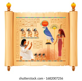 Egyptian papyrus with illustration from Tomb of Nakht in Luxor, afterlife Duat vector. Gods Ra and Anubis, Maat goddess with ostrich feather and fan. Vector ancient Egypt papyrus with hieroglyph text