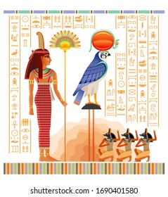 Egyptian papyrus with illustration from Tomb of Nakht in Luxor, afterlife Duat vector. Gods Ra and Anubis, Maat goddess with ostrich feather and fan. Vector ancient Egypt papyrus with hieroglyph text